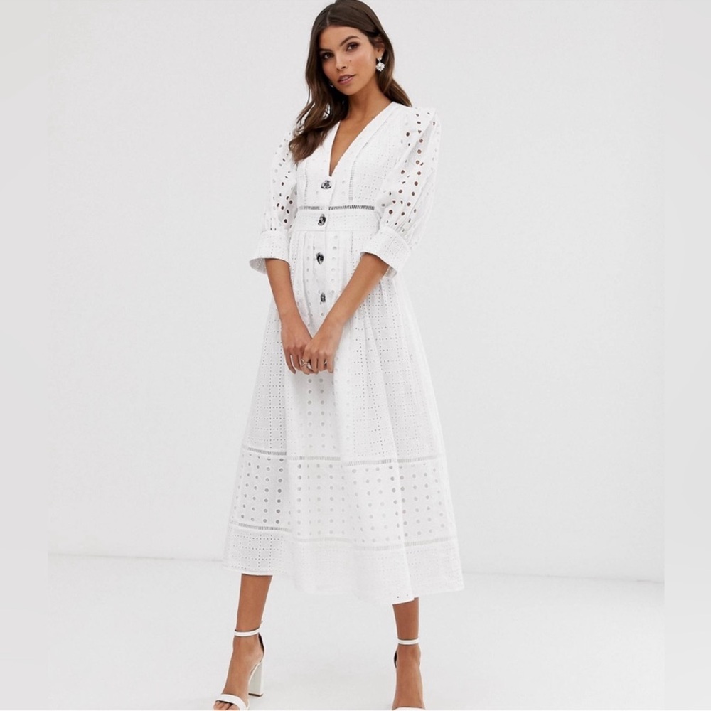 ASOS White Embroidered White Eyelet Maxi Dress US 12
